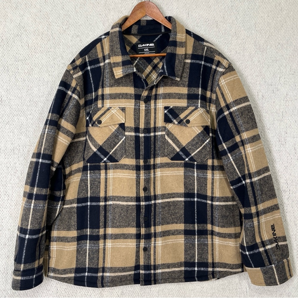 Dakine Bonded Shirt Jacket Mens XXL Tan Navy Plaid Fleece Lined Flannel Pockets